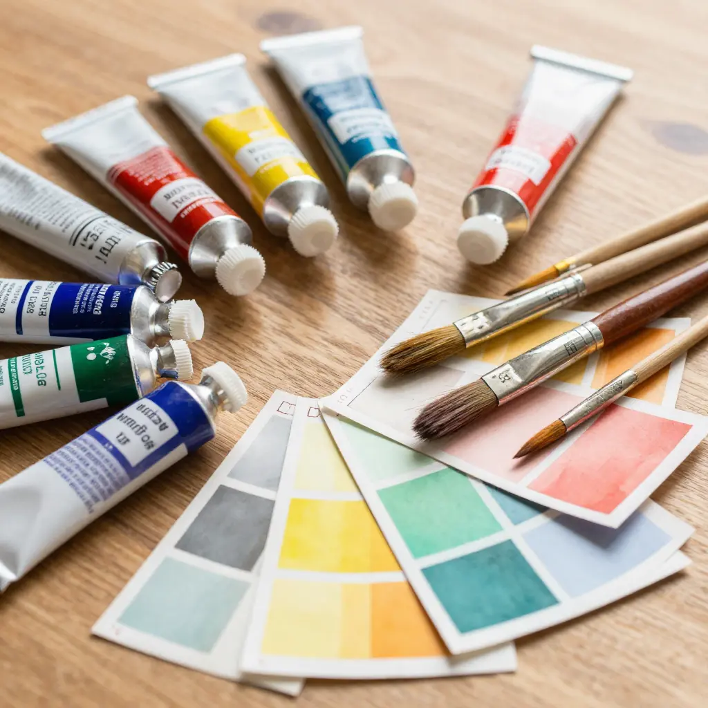 Premium art supplies including oil paints and brushes